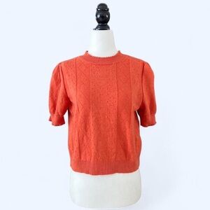 Frank and Oak Womens Orange Knit Whimsy Twee Short Sleeve Sweater Puff Sleeves
